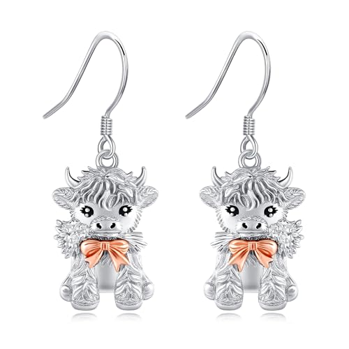 Highland Cow Ohrringe für Frauen 925 Sterling Silber Cow Dangle Earrings Cute Animals Jewelry Birthday Gift for Women von HUKKUN