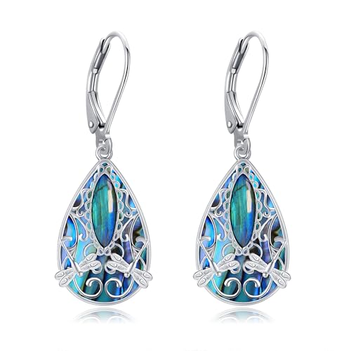 Libellen-Filigran-Ohrringe aus Sterlingsilber mit Libellen-Tropfen aus Abalone-Muschel als Anhänger Ohrringe für Damen von HUKKUN