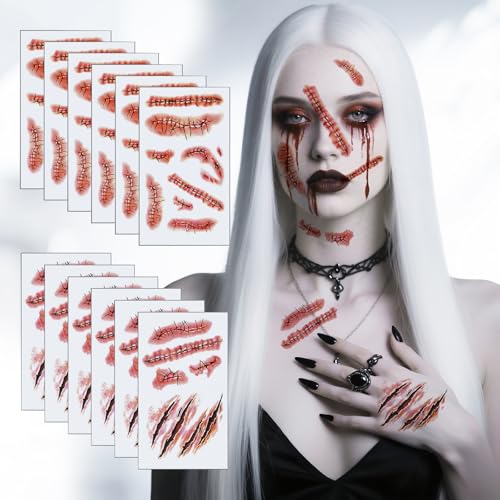 HUKUMA 12 Blatt Halloween Tattoo Gesicht Schminke, Gruselig Fake Narben Tattoos Frauen Männer,Vampir Kostüm Accessoires, Zombie Make UP Halloween Schminke,Temporäre Aufkleber Gesicht Wunden Kratzer von HUKUMA