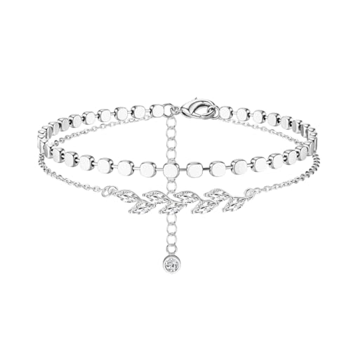 2 Stück FußKettchen für Frauen, FußKettchen für Damen Silber Gold, Einstellbar Geschichtet Wasserdicht Fussketten, Perlen Mehrreihige FußKette Set, Sommer Strand Fußschmuck(Kupfersilberbeschichtung) von HUKUMA