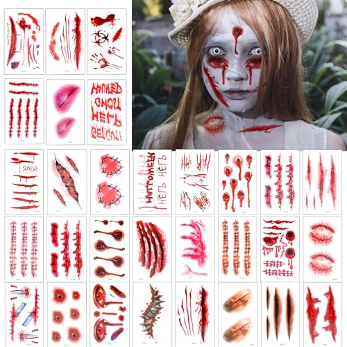 HUKUMA 30 Blatt Halloween Tattoo Gesicht Schminke, Gruselig Fake Narben Tattoos Frauen Männer,Vampir Kostüm Accessoires, Zombie Make UP Halloween Schminke,Temporäre Aufkleber Gesicht Wunden Kratzer von HUKUMA