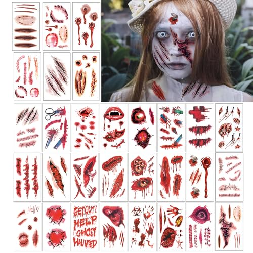 HUKUMA 30 Blatt Halloween Tattoo Gesicht Schminke, Gruselig Fake Narben Tattoos Frauen Männer,Vampir Kostüm Accessoires, Zombie Make UP Halloween Schminke,Temporäre Aufkleber Gesicht Wunden Kratzer von HUKUMA