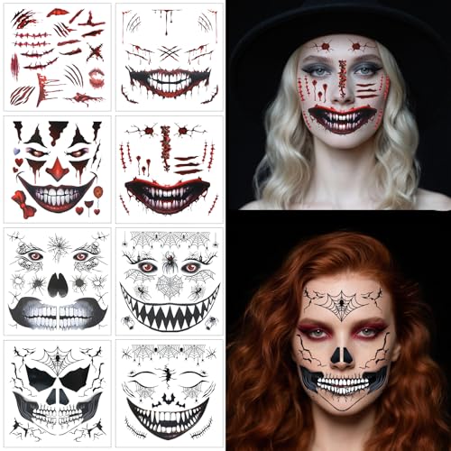 HUKUMA 7 Blatt Halloween Gesichtstattoo + 1 Blatt Narben Tattoos, Gruselig Gesicht Temporäre Tattoos Damen Herren, Skelett Zombie Clown Mund Tattoo, Halloween Kostüm Make up Accessoires von HUKUMA