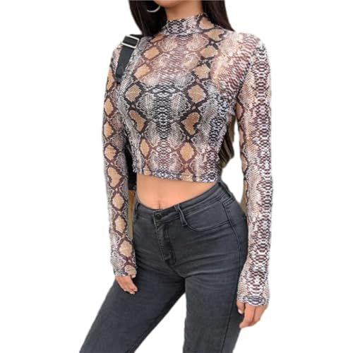 Casual Snake Print T Shirt Frauen Mesh Top Langarm Transparent Weibliche T-Shirt High Neck Crop Tops,Zwei,L von HUKYKZZS
