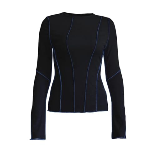 Frauen Patchwork T-Shirts Chic Casual Lange Flare Hülse Rundhals Gestrickte Rippen T-Shirts Frühling Herbst Street Top,Schwarz,M von HUKYKZZS
