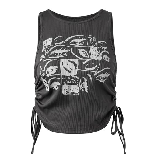 Retro Print Tops Fee Grunge Grafik Y2K Crop Tops Kurzarm Weste Tees Harajuku Streetwear Hosenträger Frauen Kleidung,Grau,S von HUKYKZZS