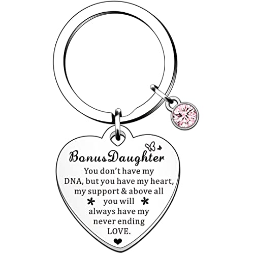 HULALA Bonus Daughter Herz Schlüsselanhänger Geschenke für Geburtstag Weihnachten You Don't Have My DNA But You Have My Heart My Support Never Ending Love, silber, Einheitsgröße von HULALA