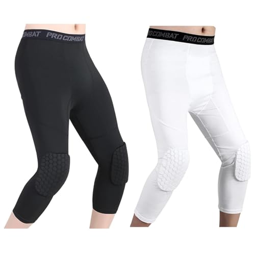 Basketballhose Mit Knieschonern, Knieschoner-Kompressionshose,Gepolsterte Hose Mit Knieschützern 3/4 Capri-Kompressionshose Für Basketball, Fußball, Baseball (schwarz+weiß,M) von HULG
