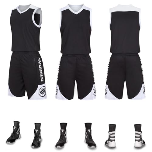 HULG Basketball-Anzüge,modisches Basketball-Trikot,Kinder/Erwachsene,2-teiliges Basketball-Performance-Tanktop Und Shorts-Set,Basketball-Trikot-Set Mit Taschen (Black,3XL) von HULG