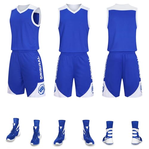 HULG Basketball-Anzüge,modisches Basketball-Trikot,Kinder/Erwachsene,2-teiliges Basketball-Performance-Tanktop Und Shorts-Set,Basketball-Trikot-Set Mit Taschen (Blue,XL) von HULG