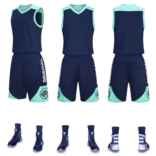 HULG Basketball-Anzüge,modisches Basketball-Trikot,Kinder/Erwachsene,2-teiliges Basketball-Performance-Tanktop Und Shorts-Set,Basketball-Trikot-Set Mit Taschen (Dark blue,M) von HULG
