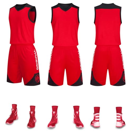 HULG Basketball-Anzüge,modisches Basketball-Trikot,Kinder/Erwachsene,2-teiliges Basketball-Performance-Tanktop Und Shorts-Set,Basketball-Trikot-Set Mit Taschen (Red,M) von HULG