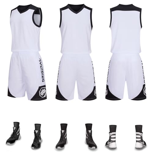 HULG Basketball-Anzüge,modisches Basketball-Trikot,Kinder/Erwachsene,2-teiliges Basketball-Performance-Tanktop Und Shorts-Set,Basketball-Trikot-Set Mit Taschen (White,M) von HULG