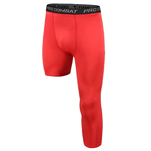 Herren One Leg 3/4 Kompressionshose, Quick Dry Running Workout Leggings, Basketball Base Layer Elastic Waist Strumpfhose (red,M) von HULG