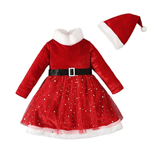 HULIJA Baby Mädchen Weihnachten Kleid Langarm Rollkragen Festlich Kleid mit Weihnachtsmütze Kunstpelz Weihnachtsfrau Kleid Party Outfit A Rot 80-86 von HULIJA