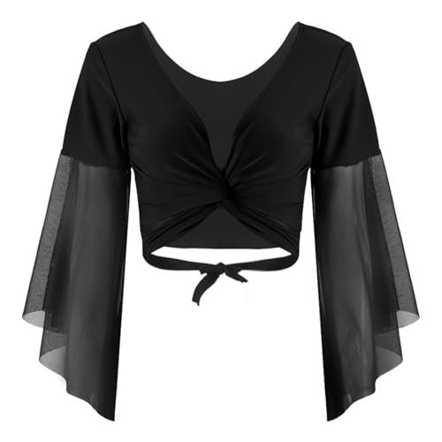 HULIJA Damen Bauchtanz Oberteil Langarm Crop Top Mit Schnür Chiffon Bolero ​Tops Bluse Tanzjacke Belly Dance Oberteil Bauchtanz Bühnenauftritt Ba Schwarz Einheitsgröße von HULIJA