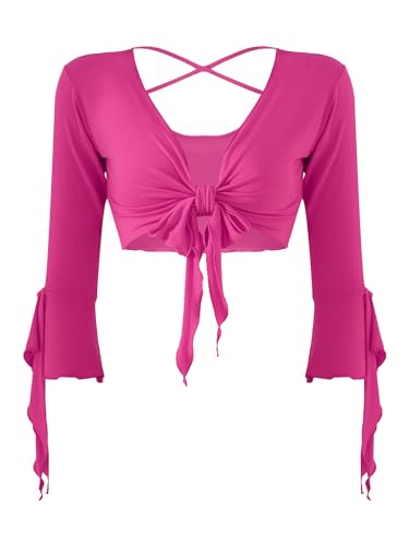 HULIJA Damen Bauchtanz Oberteil 3/4 Ärmel Crop Top mit Schnür Spitzenbolero ​Lateintanz Tops Bluse Belly Dance Oberteil Bauchtanz Kostüm A Hot Pink Einheitsgröße von HULIJA