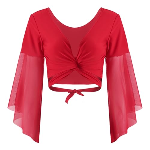 HULIJA Damen Bauchtanz Oberteil Langarm Crop Top Mit Schnür Chiffon Bolero ​Tops Bluse Tanzjacke Belly Dance Oberteil Bauchtanz Bühnenauftritt Ba Rot Einheitsgröße von HULIJA