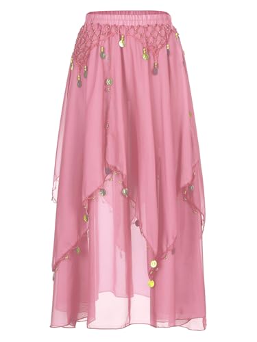 HULIJA Damen Bauchtanz Rock Lang Tanzrock Pailletten Asymmetrisch Rock Tanz Bühnenrock Karneval-Tanz-Outfit Orientalische Kostüme A Rosa Einheitsgröße von HULIJA