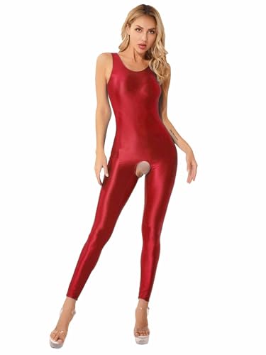 HULIJA Damen Body Ganzkörperanzug Ärmellos Body Ouvert Ganzanzug Bodysuit Overall Leggings Trikot Nächtwäsche Clubwear Weinrot M von HULIJA