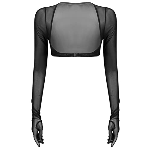 HULIJA Damen Crop Top Transparent Langarm Bolero Shirt Brustfrei Cardigan Tops Open Front Bolerojacke Cover Up Strand Party A Schwarz L von HULIJA