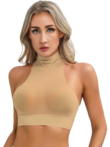 HULIJA Damen Nylon Crop Top Transparenten Neckholder T-Shirt Tank Tops Shirt Bauchfei Oberteile Unterhemd Party GOGO Clubwear A Nackt Einheitsgröße von HULIJA