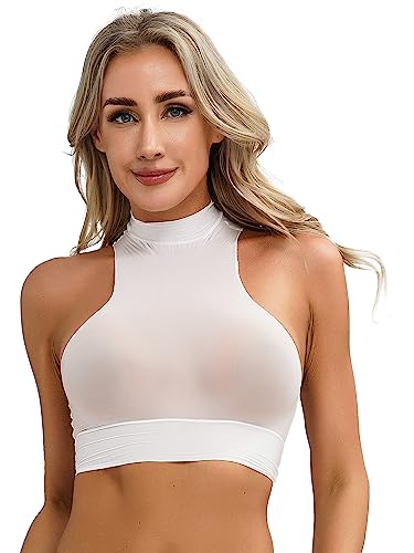 HULIJA Damen Nylon Crop Top Neckholder Transparenten T-Shirt Tank Tops Shirt Oberteile Unterhemd Party GOGO Clubwear A Weiß Einheitsgröße von HULIJA