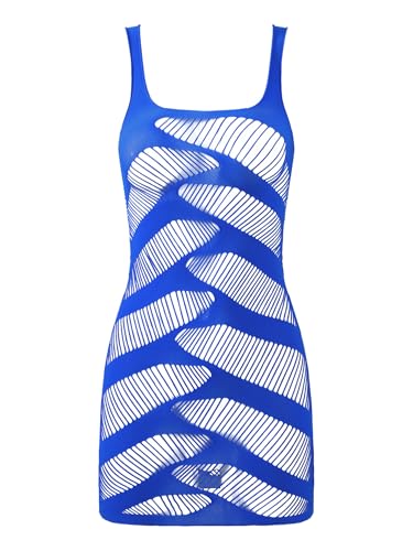 HULIJA Damen Nylon Fischnetz Kleid Dessous Transparent Kleid Ouvert Bodystocking Erotik Ausgehöhlte Netzkleid Reizwäsche Königsblau Einheitsgröße von HULIJA
