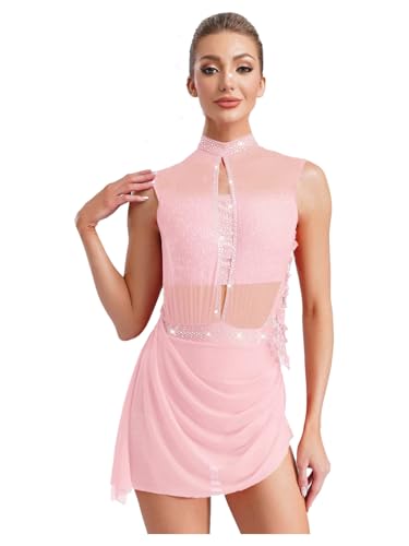 HULIJA Damen Strass Eiskunstlauf Tanzkleider mit Mesh Overlay Glitzer Ballett Tanztrikot Lyrisches Kleid Gymnastikanzug Rosa S von HULIJA