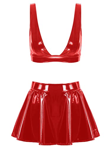 HULIJA Damen Wetlook Dessous Set Glänzend Crop Top BH mit Lackleder Minirock Nachtclub Bar Outfits Clubwear Reizwäsche A Rot 4XL von HULIJA