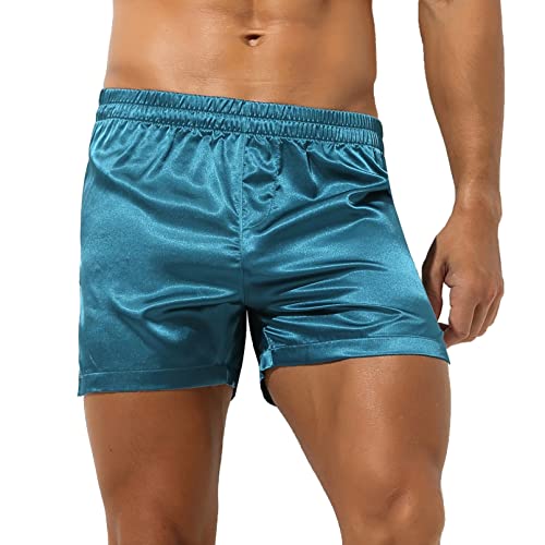 HULIJA Herren Boxershorts Boxer Brief Satin Schlafanzughose Kurze Hose Lounge Shorts mit Side Split Pyjamahose Nachtwäsche Türkis M von HULIJA