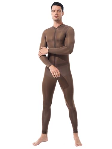 HULIJA Herren Ganzkörperanzug Transparent Bodysuit Jumpsuit Einteiler Overall Catsuit mit Reisverschluss Dessous Unterwäsche Schwarz A Kaffee L von HULIJA