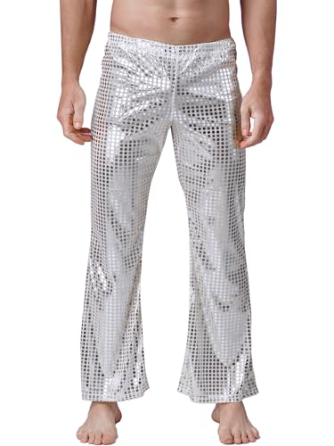 HULIJA Herren Glitzer Hose Lang Glänzend Tanzhose mit Pailletten Retro Pants Jazzhose Bühnenauftritte Cosplay Party Karneval Bühnenauftritte A Silber S von HULIJA