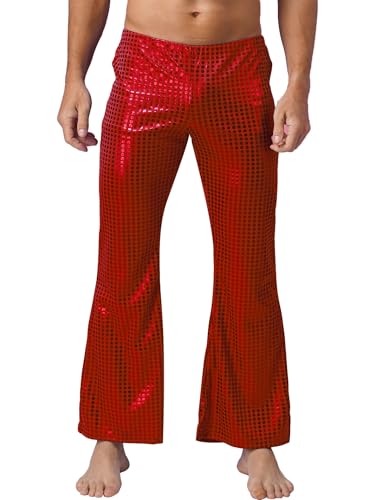 HULIJA Herren Glitzer Hose Lang Glänzend Tanzhose mit Pailletten Retro Pants Jazzhose Bühnenauftritte Cosplay Party Karneval Bühnenauftritte A Rot M von HULIJA
