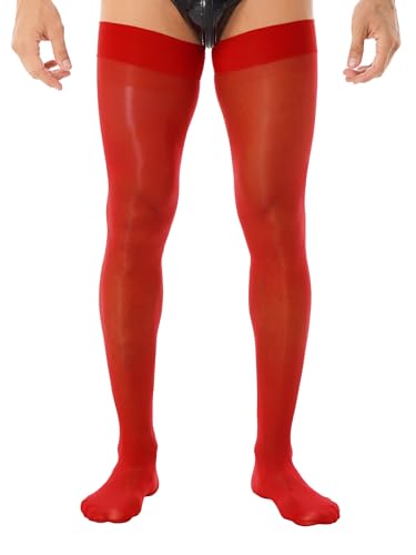 HULIJA Herren Glossy Strümpfe Halterlose Kniestrümpfe Overknee Socken Nylon Strümpfe Clubwear Cosplay Party Kostüm A Rot Einheitsgröße von HULIJA
