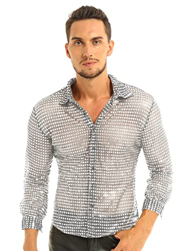 HULIJA Herren Langarmhemd 70er Button Down Pailletten Hemd Disco Hemd Glänzende Langarm Shirts Muskelshirt Tanzkostüm Clubwear A Silber L von HULIJA