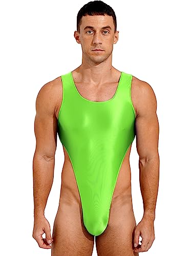 HULIJA Herren Nylon Body Overall Glänzend Bodysuit Stringbody Ärmellos Tank Top Stringbody Fitness Unterhemd Badeanzug Schwimmen A Leuchtendes Grün M von HULIJA