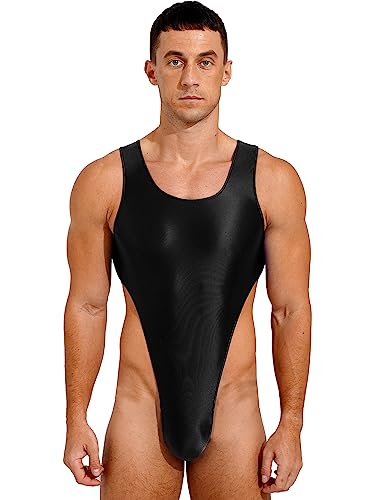 HULIJA Herren Nylon Body Overall Glänzend Bodysuit Stringbody Ärmellos Tank Top Stringbody Fitness Unterhemd Badeanzug Schwimmen A Schwarz M von HULIJA