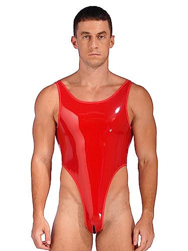 HULIJA Herren Wetlook Body Overall Einteiler Lackleder Bodysuit Glänzend Stringbody Unterhemd Unterwäsche Clubwear GOGO B Rot XL von HULIJA