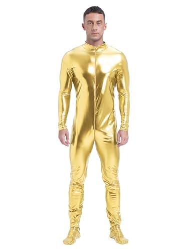 HULIJA Herren Wetlook Bodysuit Overall Langarm Body Einteiler Metallic Jumpsuit mit Reißverschluss Glitzer Ganzanzug Party Clubwear GOGO Gold L von HULIJA