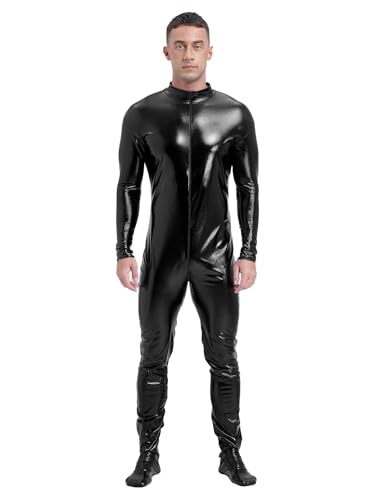 HULIJA Herren Wetlook Bodysuit Overall Langarm Body Einteiler Metallic Jumpsuit mit Reißverschluss Glitzer Ganzanzug Party Clubwear GOGO Schwarz M von HULIJA