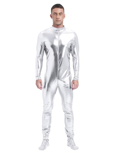 HULIJA Herren Wetlook Bodysuit Overall Langarm Body Einteiler Metallic Jumpsuit mit Reißverschluss Glitzer Ganzanzug Party Clubwear GOGO Silber XL von HULIJA