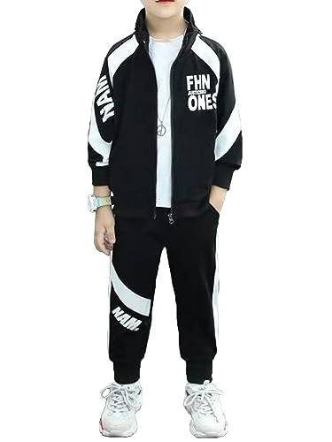 HULIJA Jungen Sport Kleidung Set Langarm Sport Mantel mit Reißverschluss + Lang Hose Trainingsanzug Jogging Laufen Fitness Schwarz 134-140 von HULIJA