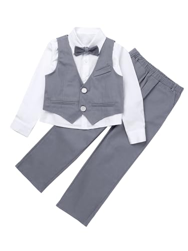 HULIJA Kinder Jungen Festlich Anzug Set Gentleman Outfit Blazer Fliege Weste Smoking + Hemd + Hose Hochzeit Party Festival Bekleidung Set A Grau 110-116 von HULIJA