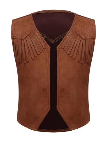 HULIJA Kinder Jungen Mädchen Cowboy Braune Weste Ärmellos Wildleder Cowboy Jacke Weihnachten Halloween Party Karneval Verkleidung B Braun 134-140 von HULIJA