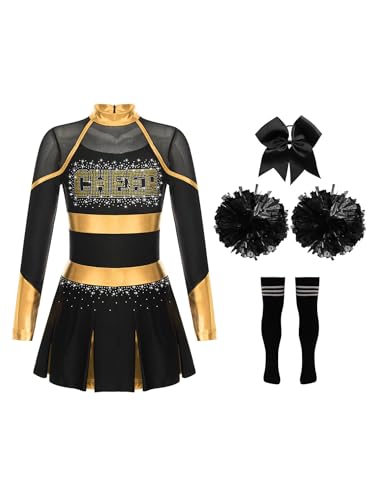 HULIJA Kinder Mädchen Cheer Leader Kleid Langarm Cheerleading Uniform mit Pompoms + Socken + Kopfschmuck Cheer Outfits Set Karneval Cosplay A Gold & Schwarz 158-164 von HULIJA