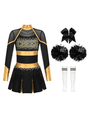 HULIJA Kinder Mädchen Cheer Leader Kleid Langarm Cheerleading Uniform mit Pompoms + Socken + Kopfschmuck Cheer Outfits Set Karneval Cosplay A Gold und Weiß 158-164 von HULIJA