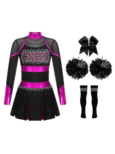 HULIJA Kinder Mädchen Cheer Leader Kleid Langarm Cheerleading Uniform mit Pompoms + Socken + Kopfschmuck Cheer Outfits Set Karneval Cosplay A Hot Pink & Schwarz 146-152 von HULIJA