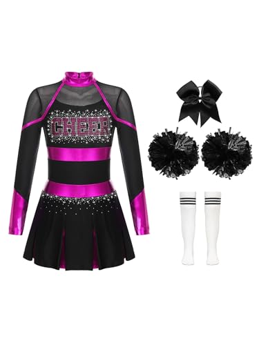 HULIJA Kinder Mädchen Cheer Leader Kleid Langarm Cheerleading Uniform mit Pompoms + Socken + Kopfschmuck Cheer Outfits Set Karneval Cosplay A Rosa & Weiß 110-116 von HULIJA