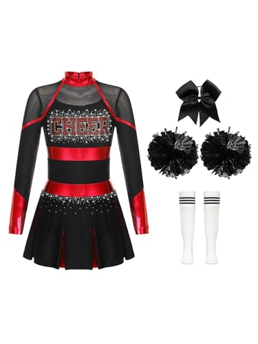 HULIJA Kinder Mädchen Cheer Leader Kleid Langarm Cheerleading Uniform mit Pompoms + Socken + Kopfschmuck Cheer Outfits Set Karneval Cosplay A Rot-Weiß 170-176 von HULIJA